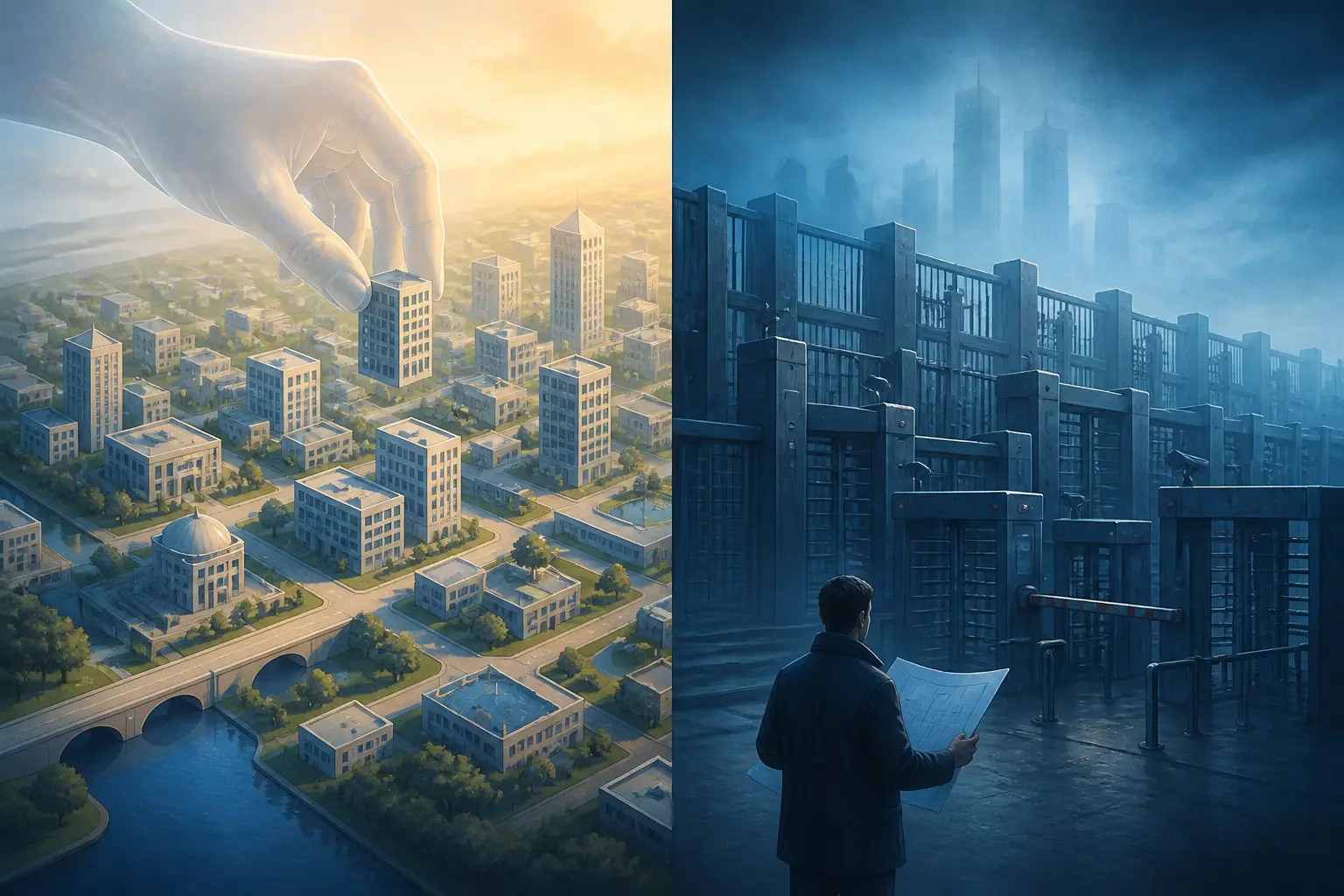 Split scene: a giant hand arranging a model city above, and a person facing endless gates and turnstiles below.
