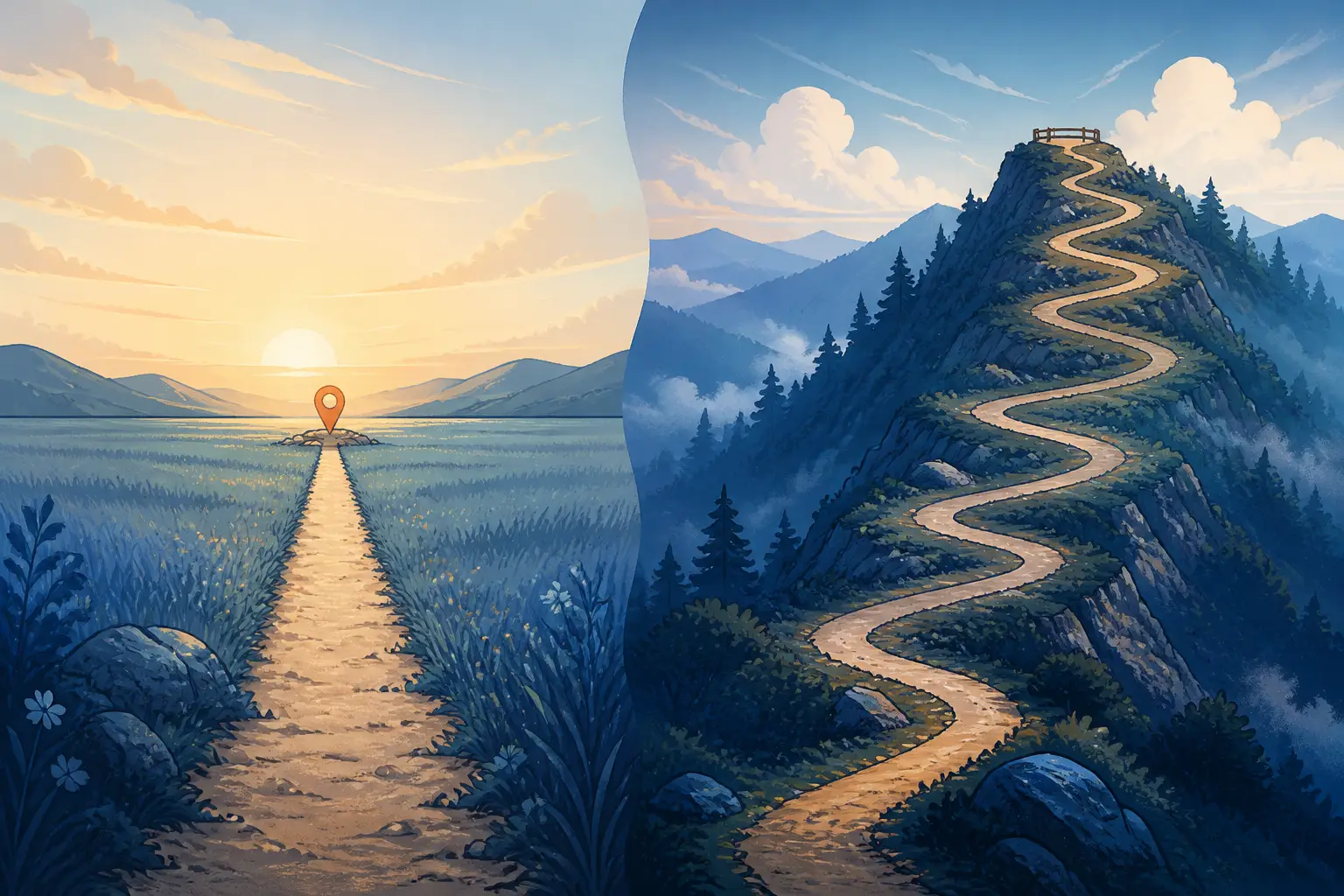 Two paths across a landscape, one direct and one winding, symbolizing fast versus deliberative inference.