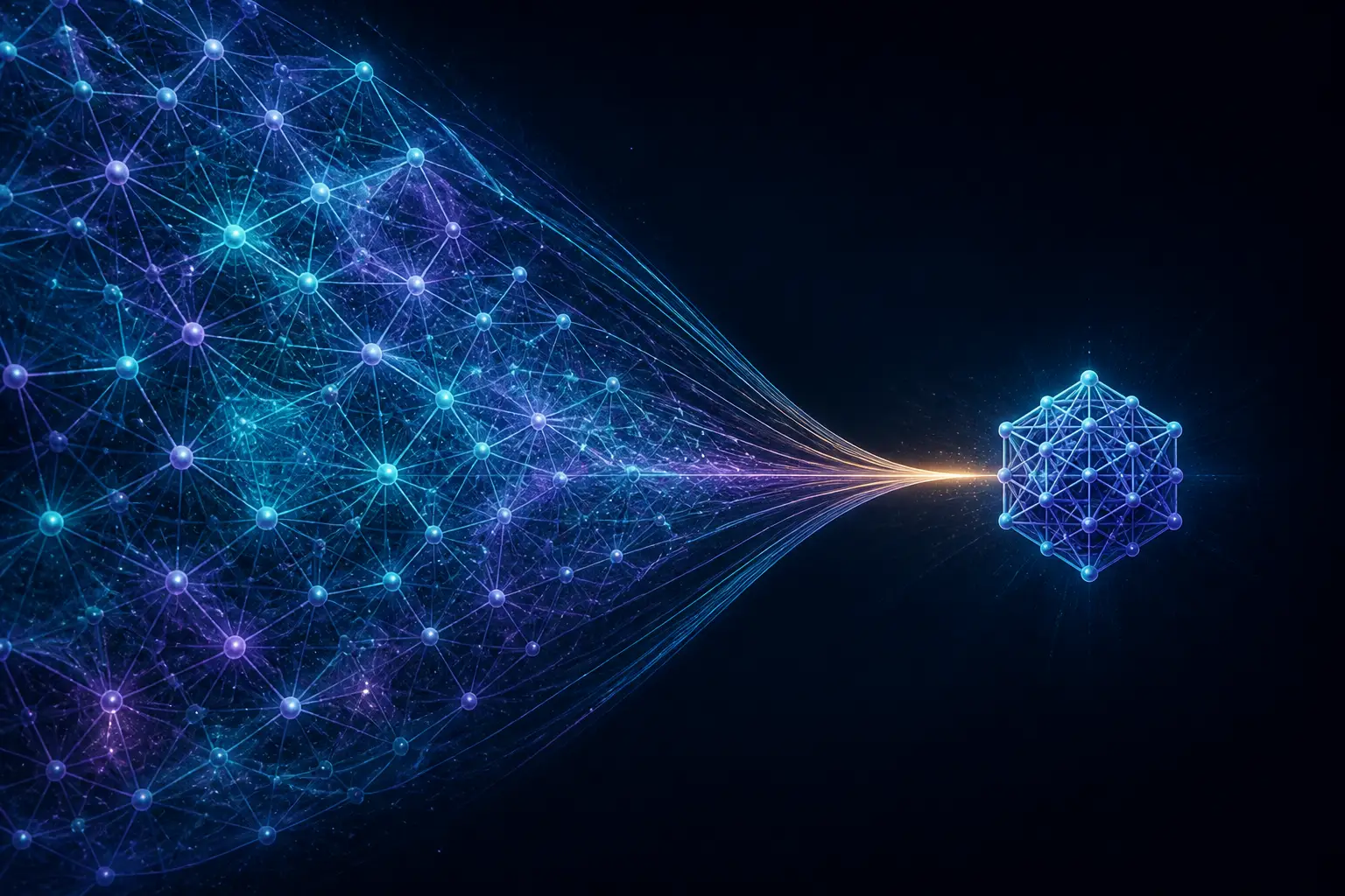 تمثيل مجرد لشبكة كثيفة متوهجة تُضغط إلى بنية بلورية أصغر تحافظ على نمطها الداخلي