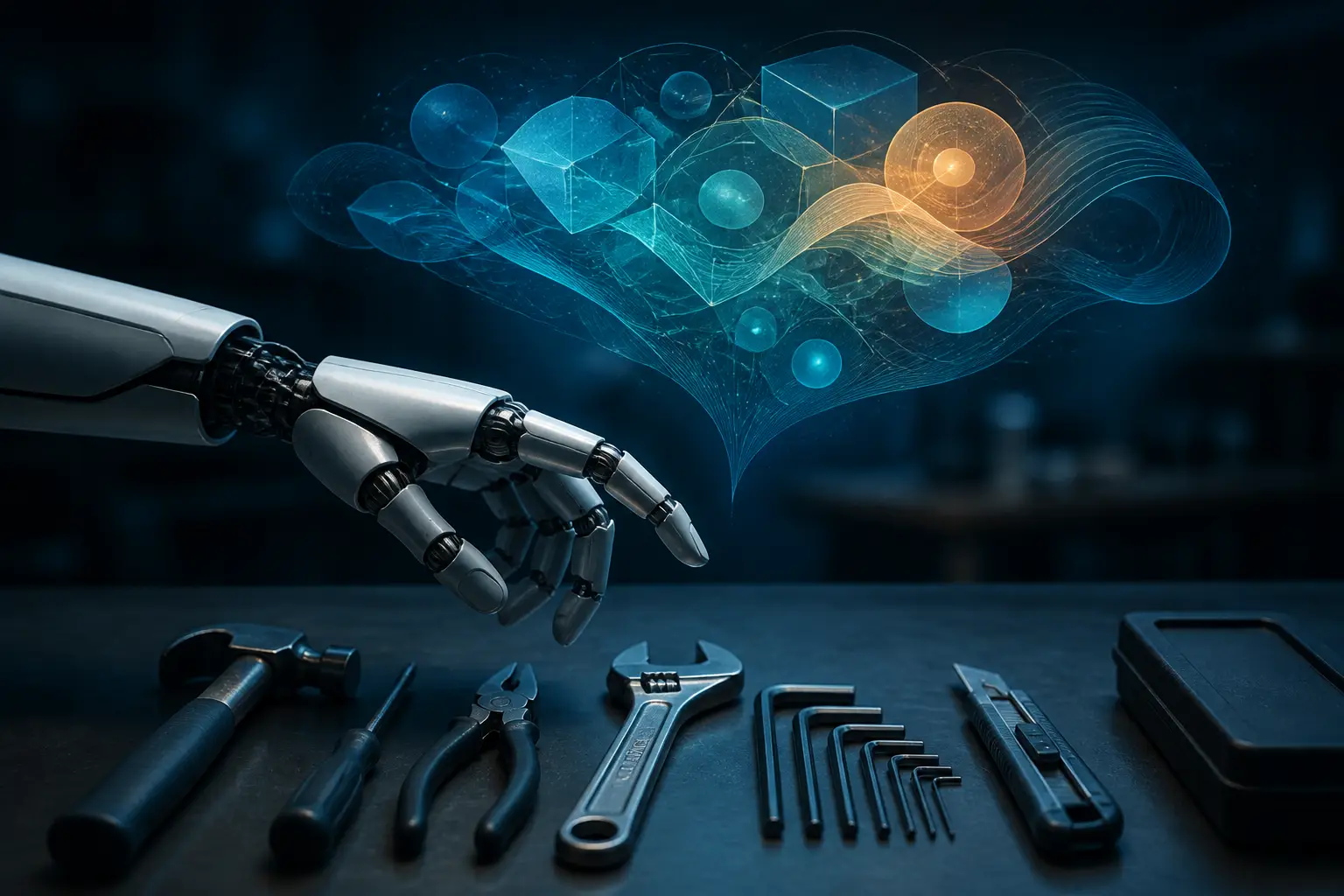 Una mano robotica che raggiunge degli strumenti su un banco da lavoro, mentre sopra la sua testa, al posto di un fumetto, fluttua una nuvola traslucida di forme geometriche astratte.
