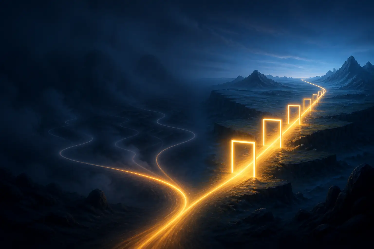 Due percorsi di luce divergenti attraverso un paesaggio buio, uno che passa tra cancelli luminosi, l’altro perso nella nebbia