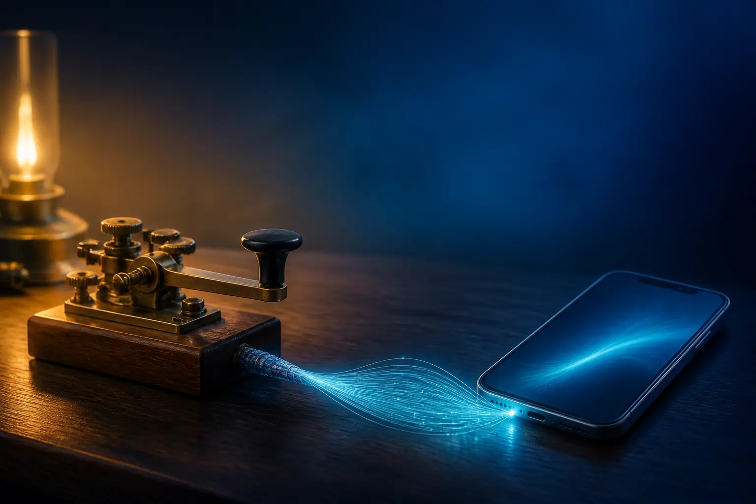 Ein altes Telegrafengerät, verbunden über ein leuchtendes Kabel mit einem modernen Smartphone auf einem Schreibtisch