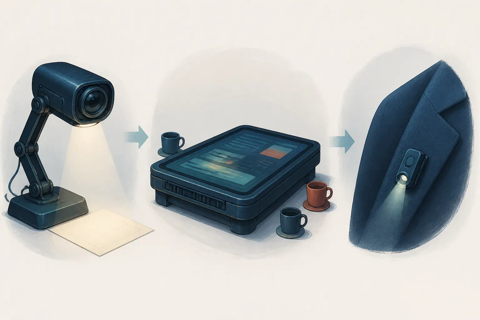 Illustration of three failed device concepts: a table computer, a chest-worn projector pin, and a lab desk-lamp prototype