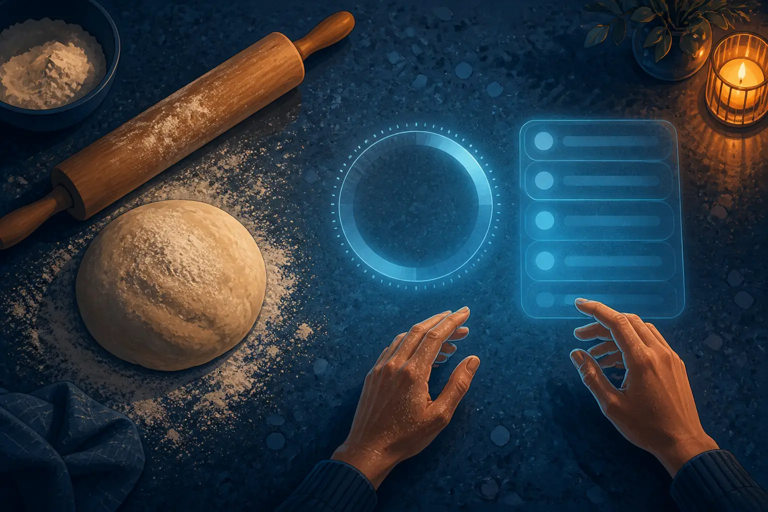 A kitchen scene where a projected timer and recipe glow on a counter next to flour-dusted hands
