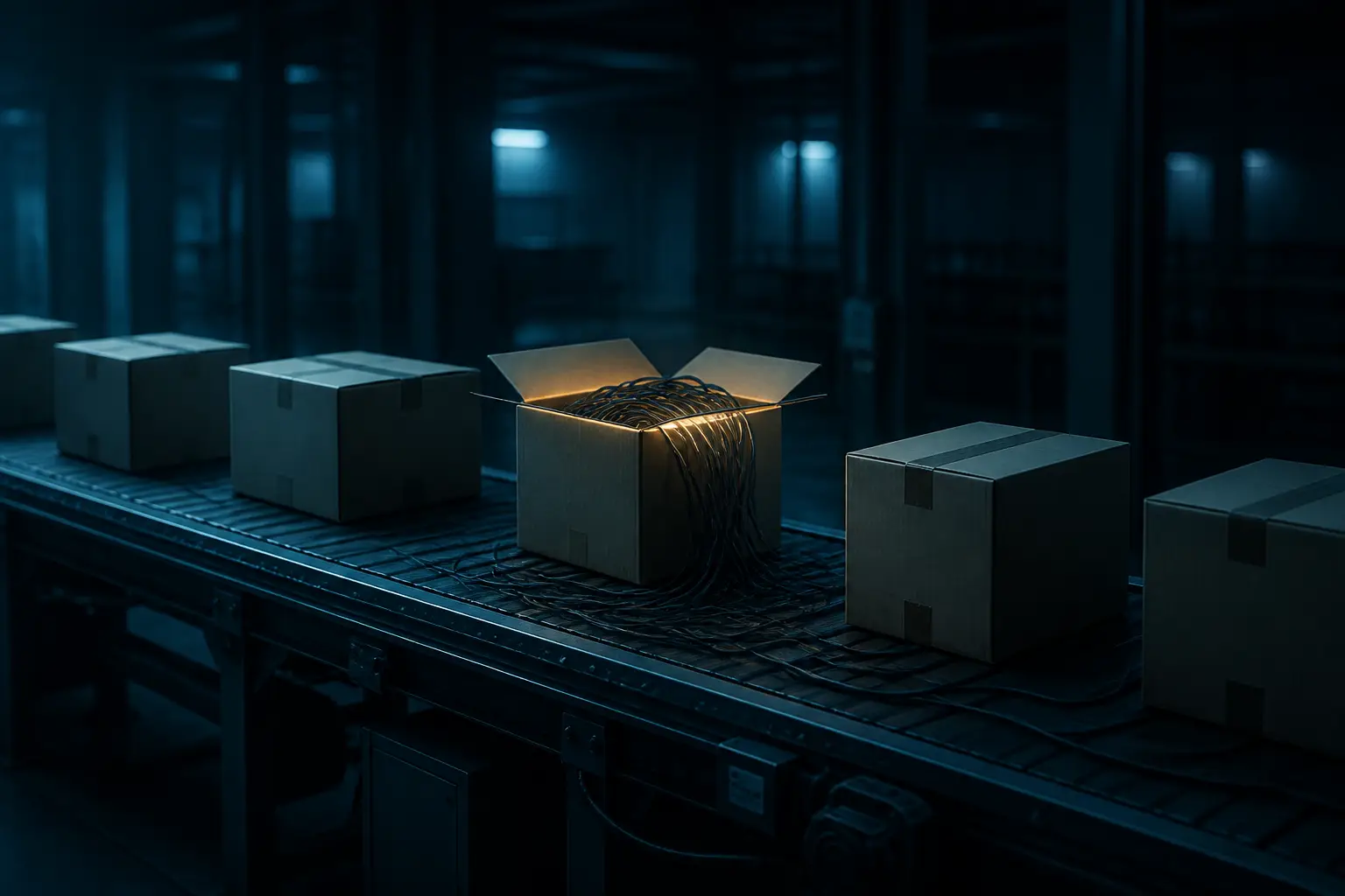 A conveyor belt of sealed boxes with one tampered box leaking wires toward the others.
