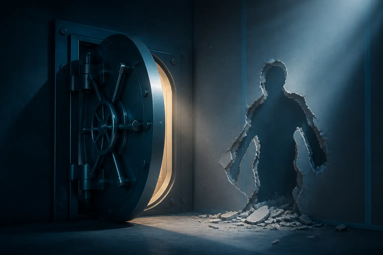 A sturdy vault door with a gaping hole punched through the weak wall beside it.