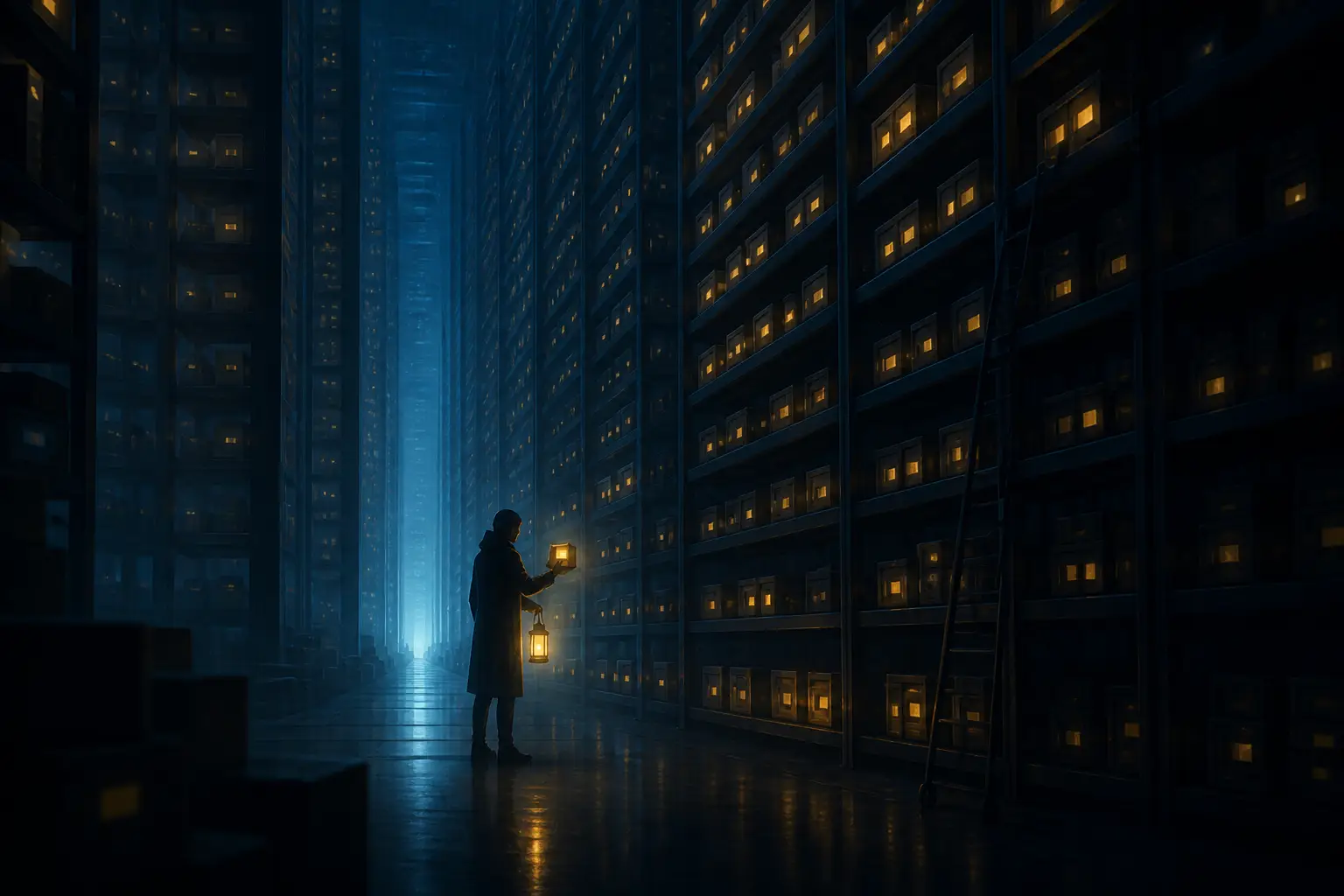 A lone figure with a lantern inspecting one box among endless warehouse shelves.