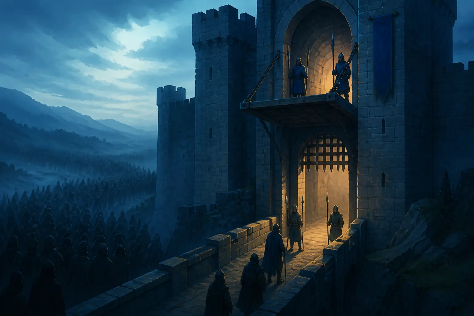 Castle gate with layered defenses filtering incoming traffic, symbolizing WAF rules and request filtering