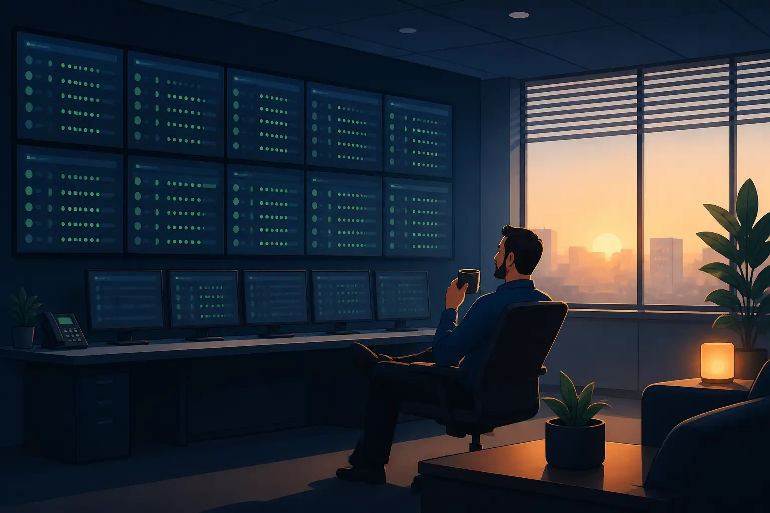 Quiet control room with green status monitors after a resolved incident