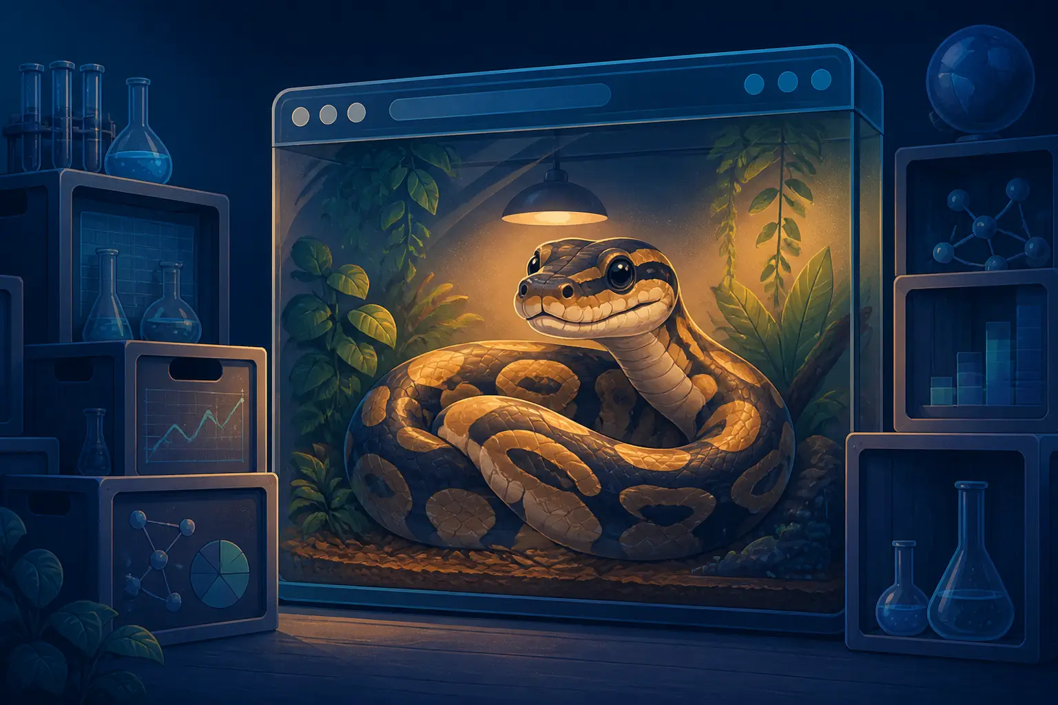 Una serpiente de Python enroscada dentro de un terrario de cristal con forma de ventana de navegador y cajas de ciencia