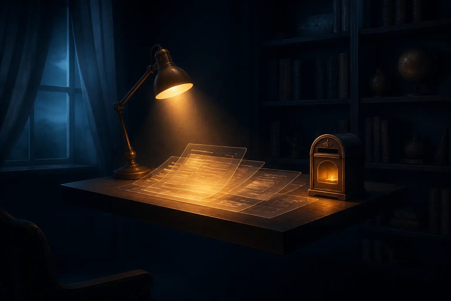 Un bureau en bois ray-traced éclairé par une seule lampe, avec des feuilles de papier lumineuses et une boîte aux lettres posée dessus.