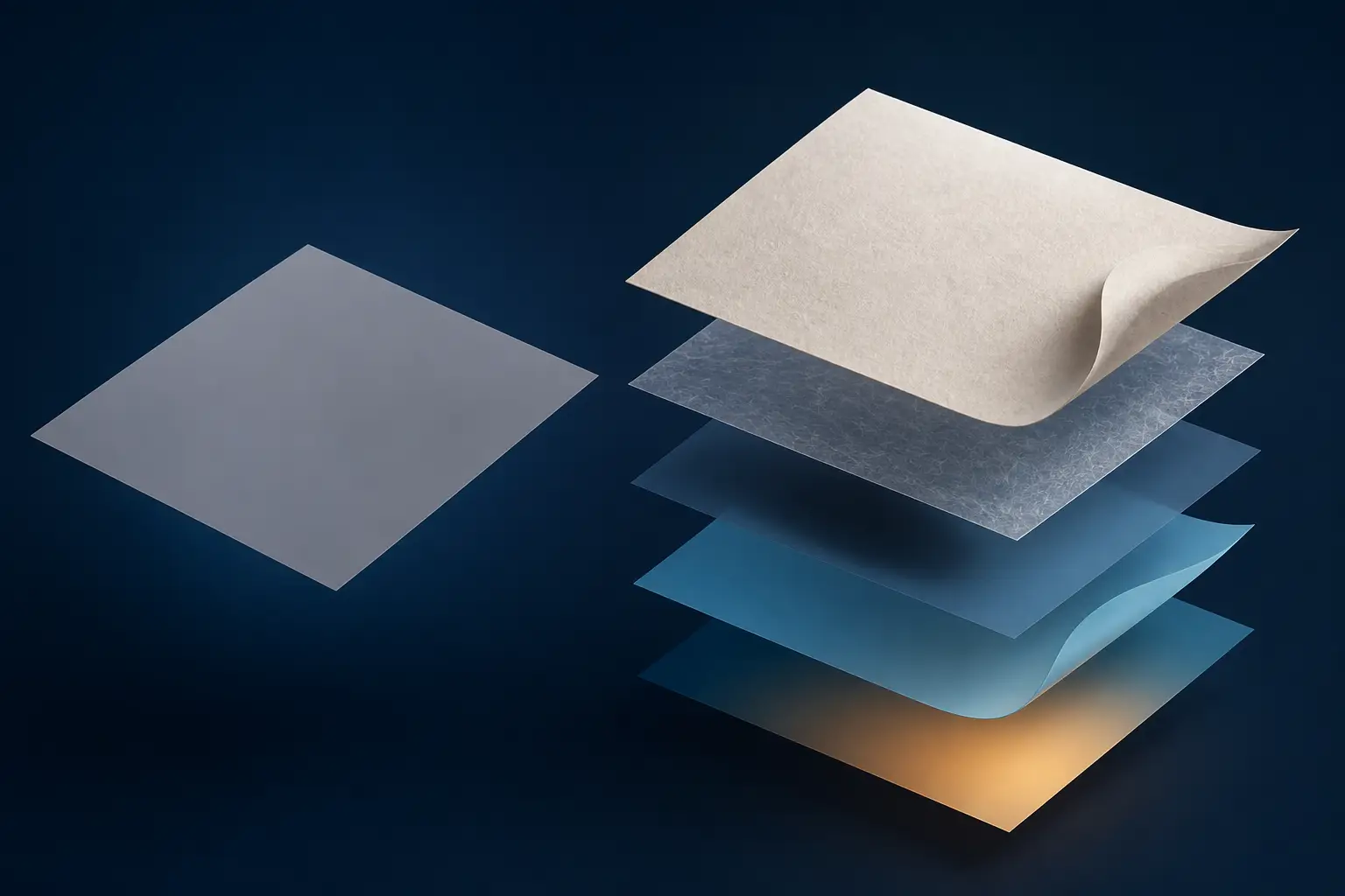 Un quad de fenêtre plate à gauche face à une pile éclatée de couches de papier, d'ombre et d'éclairage à droite.