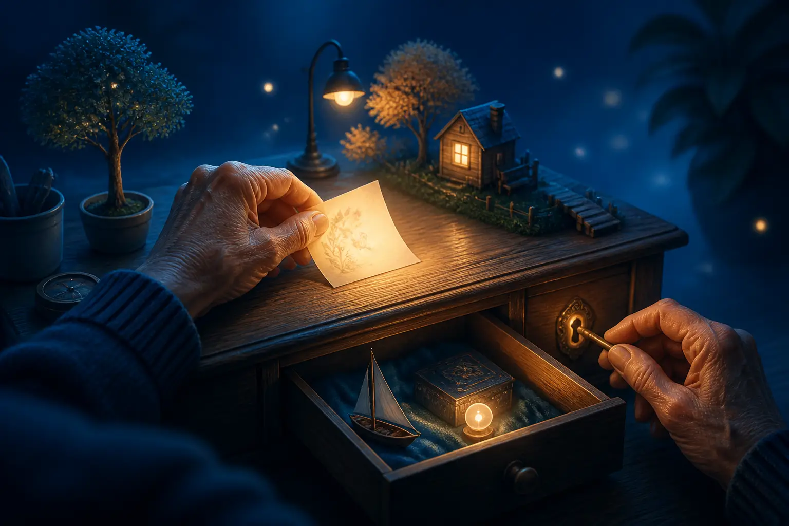 Des mains interagissant avec des objets de bureau lumineux : une lettre, un tiroir ouvert, une clé.