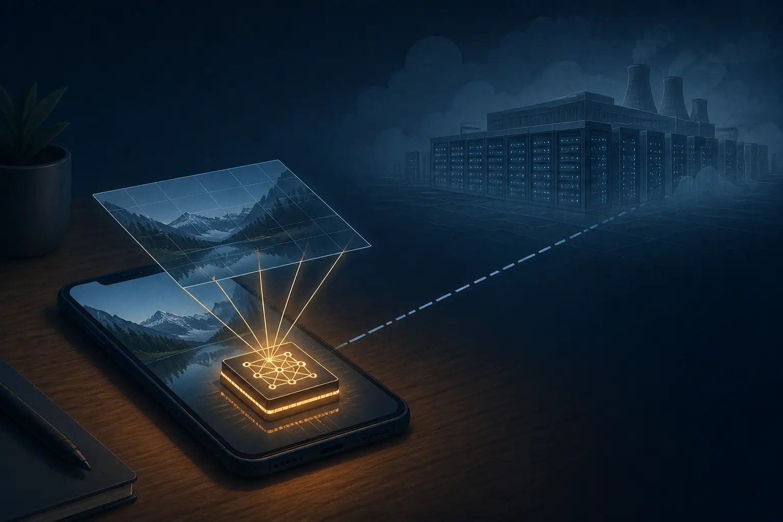 Ilustração de um pequeno chip de rede neural em um smartphone substituindo um data center distante