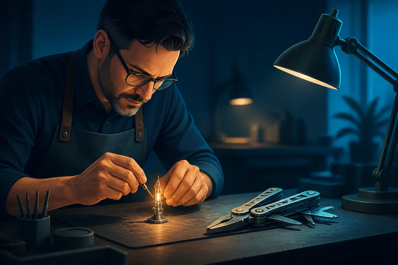 Um artesão usando uma ferramenta grande e versátil para construir um instrumento pequeno e preciso