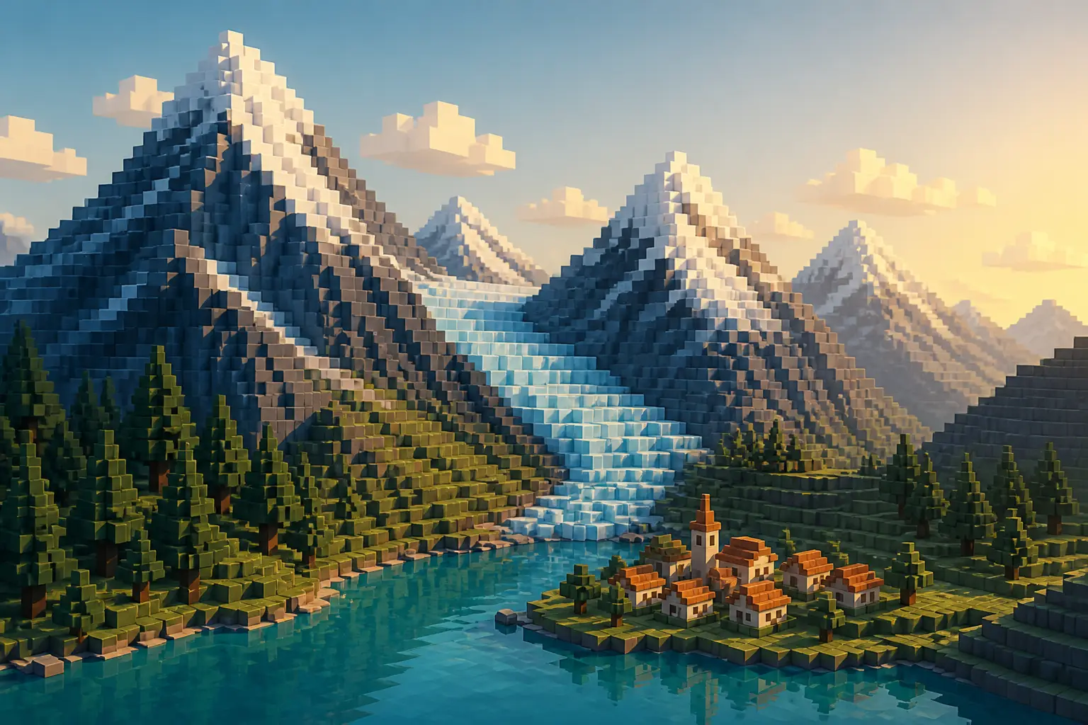 Vallée alpine de style voxel avec un glacier en blocs et des sommets cubiques en gradins.