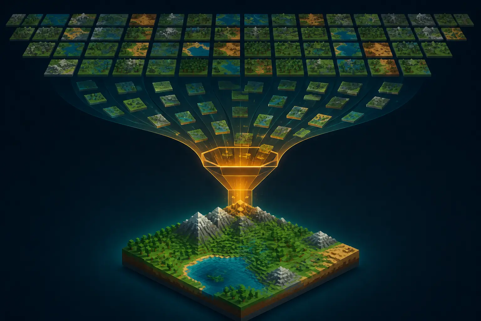 Une grille de tuiles cartographiques traversant un entonnoir et ressortant sous forme de paysage voxel assemblé.