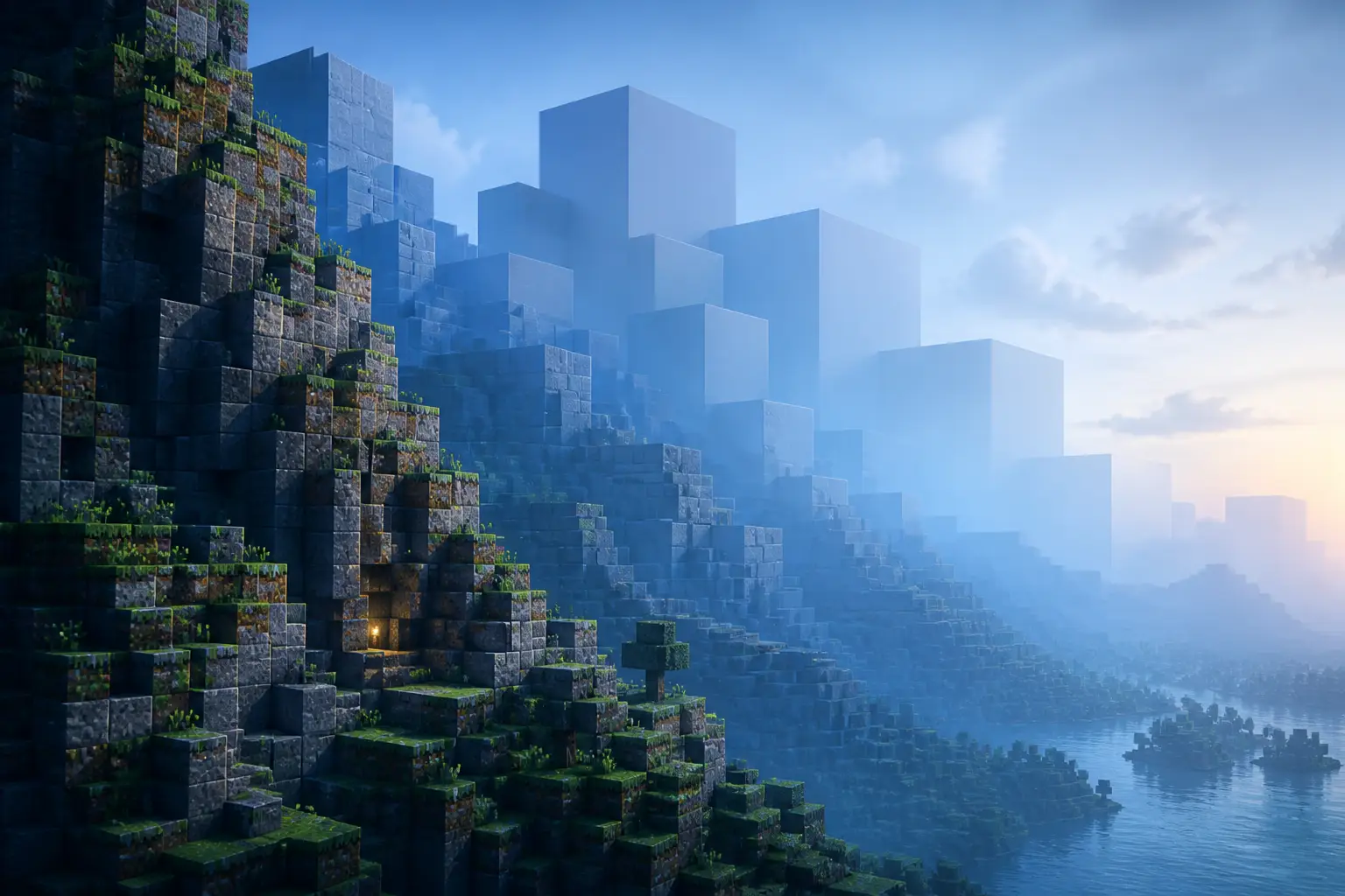 Montagnes voxel passant de petits blocs fins au premier plan à d'immenses blocs grossiers dans la brume lointaine.